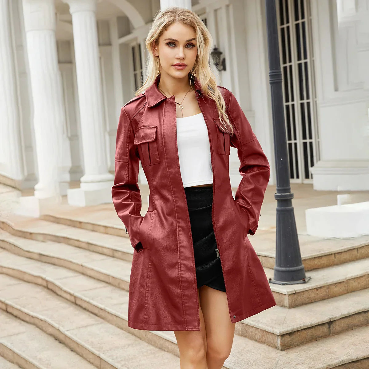 Mid length Leather Trench Coat Burgundy Coats