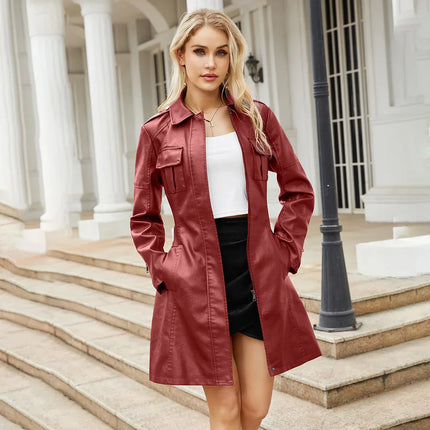 Mid length Leather Trench Coat Burgundy Coats
