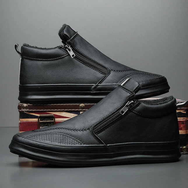 Men's Non-Slip Plush-Lined Leather Sneakers Shoes