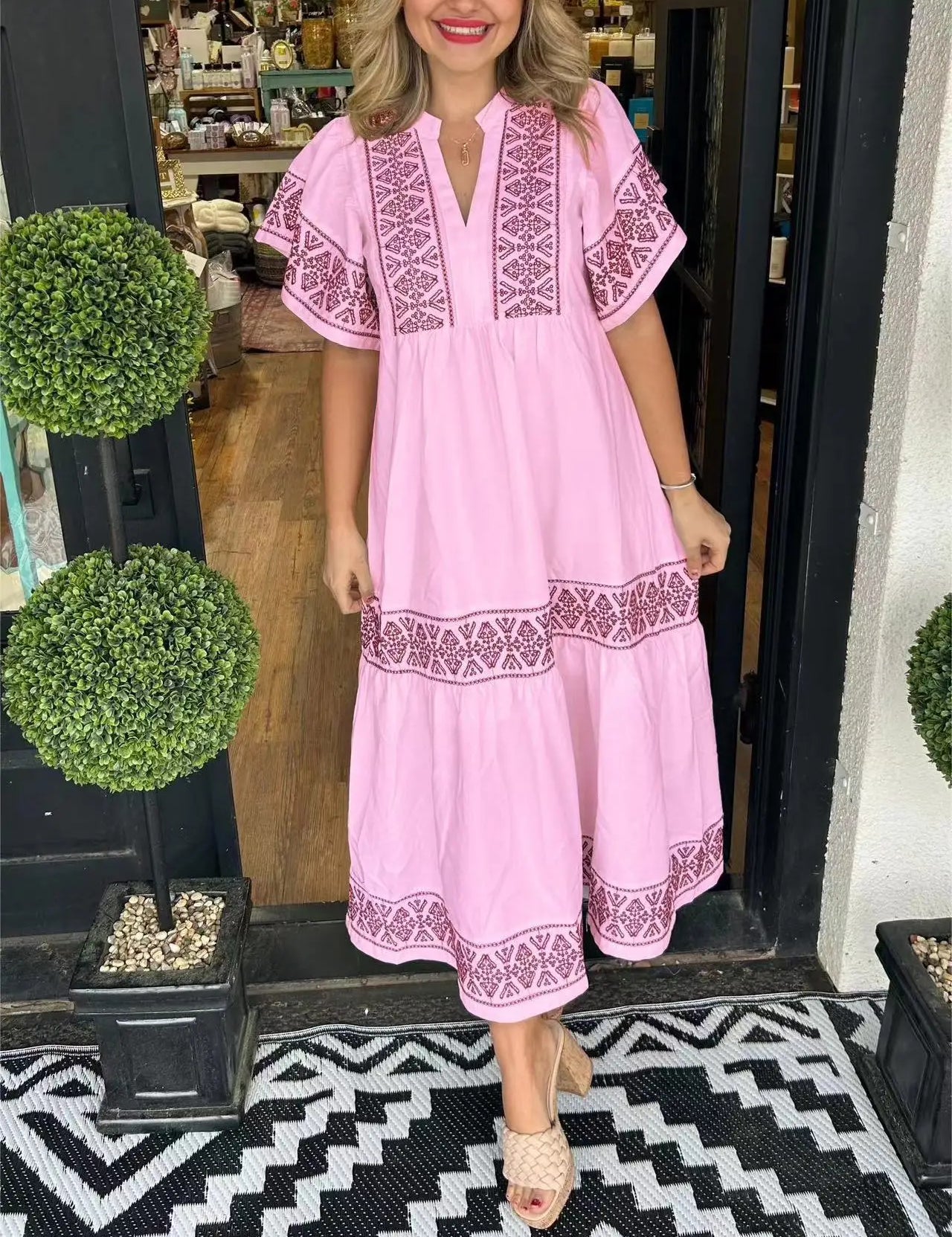 Araceli™ | Women's V-Neck Boho Dress Pink Dress