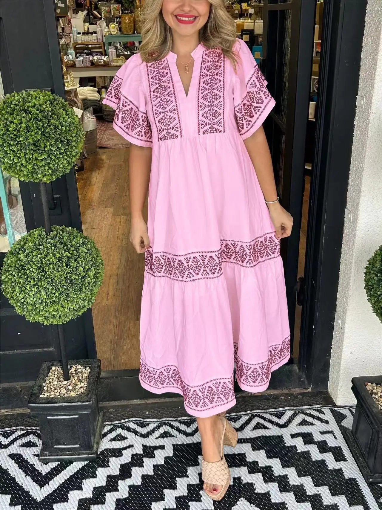 Araceli™ | Women's V-Neck Boho Dress Pink Dress
