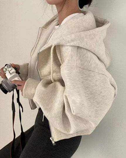 Women’s Y2K Cropped Zip-Up Hoodie – Casual Streetwear Jacket Beige Hoodie