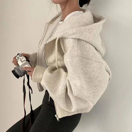 Women’s Y2K Cropped Zip-Up Hoodie – Casual Streetwear Jacket Beige Hoodie