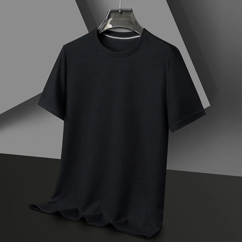 Men’s Summer Waffle Knit Round Neck T-Shirt – Lightweight Casual Tee black Men T-Shirts