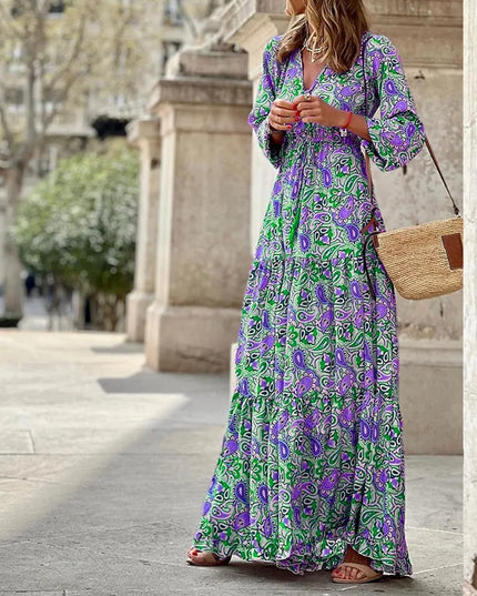 Women’s Boho V-Neck Printed Midi Dress – Long Sleeve High-Waist Casual Green Dresses