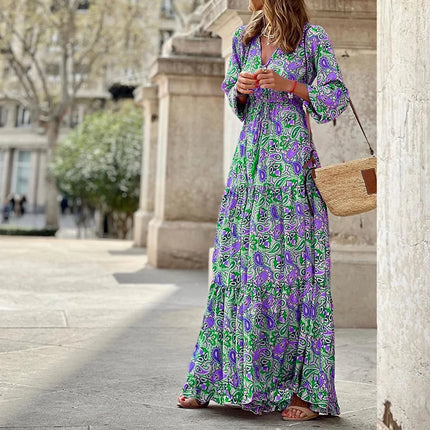 Women’s Boho V-Neck Printed Midi Dress Green Dresses