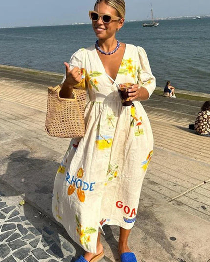 Alina™ | Printed Puff Sleeve Sun-Protective Midi Dress Dresses