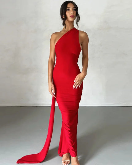 Hugcitar One‑Shoulder Ruched Maxi Dress Red Dresses