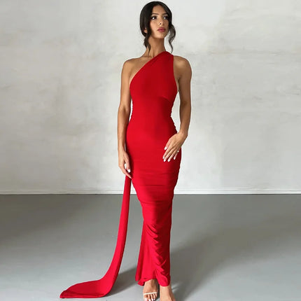 Hugcitar One‑Shoulder Ruched Maxi Dress Red Dresses