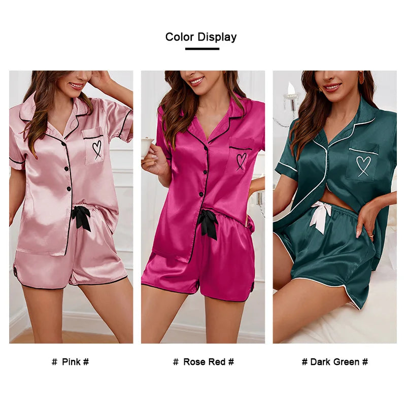 Women’s Heart-Embroidered Button-Down Pajama Set Women Tops