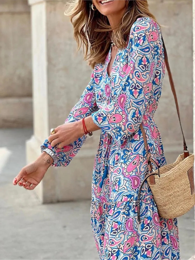 Women’s Boho V-Neck Printed Midi Dress Dresses