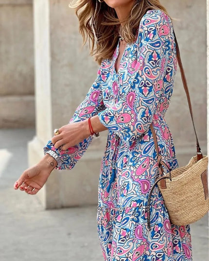 Women’s Boho V-Neck Printed Midi Dress – Long Sleeve High-Waist Casual Dresses