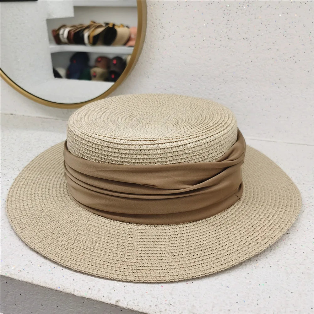 New Fedoras Summer Women's Boater Beach Hat Wide Side Female Casual Panama Hat Lady Classic Flat Bowknot Straw Sun Hat Women Apricot 54-58cm