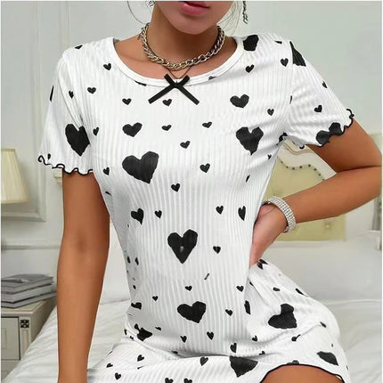 Women's Heart-Print Casual Short-Sleeve Nightdress Black White Women's Tops