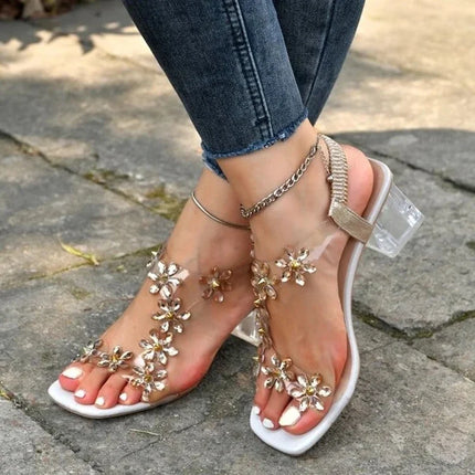 Verity™ | Flower Rhinestones Heel Sandals Gold Shoes & Sandals