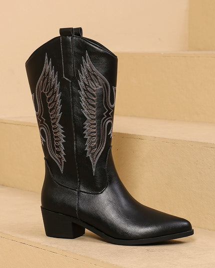 Fashion Pointy Toe Embroidered Mid-Calf Western Boots Black Boots