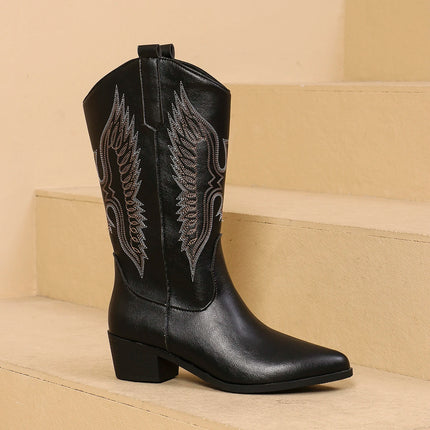Fashion Pointy Toe Embroidered Mid-Calf Western Boots Black Boots