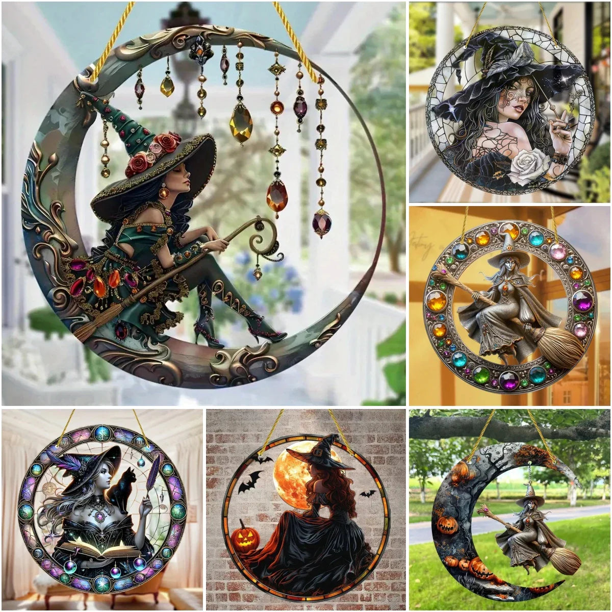 Moonlit Witch & Broom Acrylic Suncatcher Halloween Decorations