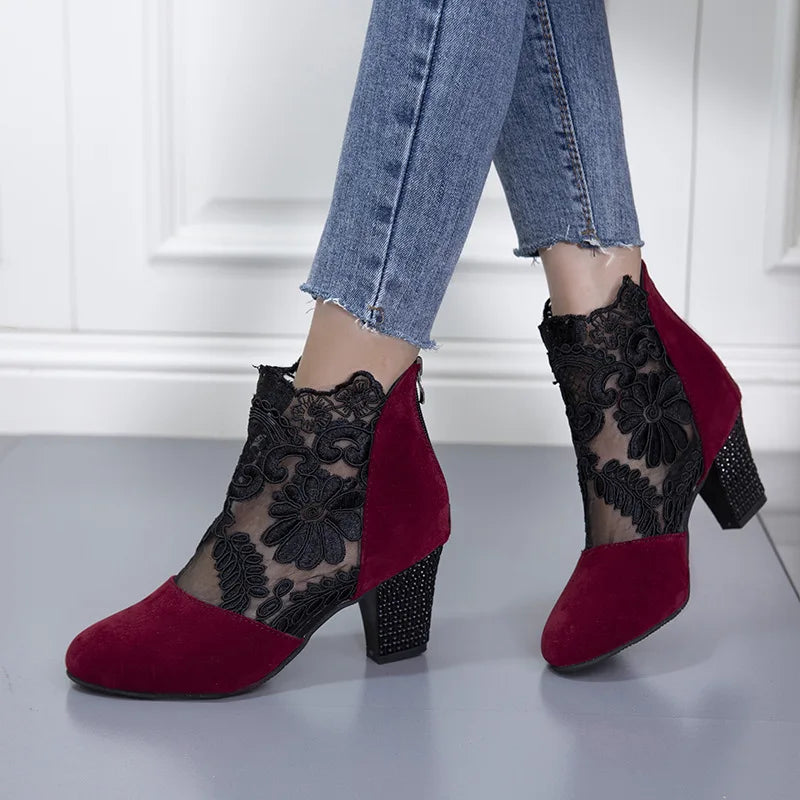 Heloise™ | Elegant Lacy High Heels Mesh Boots Red Shoes & Sandals