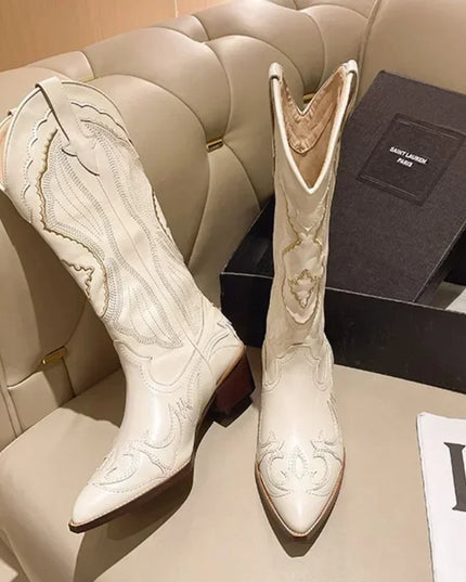 Vintage Square Toe Embroidered Western Cowboy Boots with Side Zipper Beige Boots