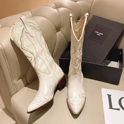 Vintage Square Toe Embroidered Western Cowboy Boots with Side Zipper Beige Boots
