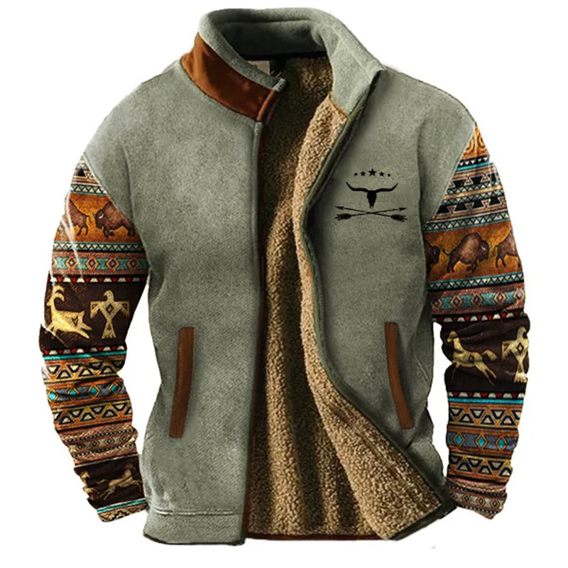 "Outwest" Sherpa Jacket – Ultra Warm Cozy Fleece Outerwear Grey - Patterned Jacket