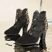 Heloise™ | Elegant Lacy High Heels Mesh Boots Black Leopard Shoes & Sandals