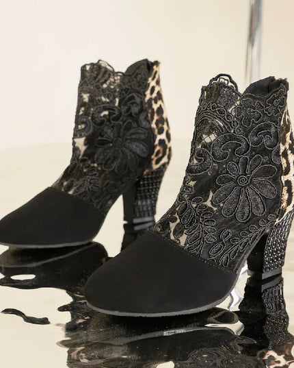 Heloise™ | Elegant Lacy High Heels Mesh Boots Black Leopard Shoes & Sandals