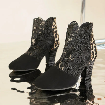 Heloise™ | Elegant Lacy High Heels Mesh Boots Black Leopard Shoes & Sandals