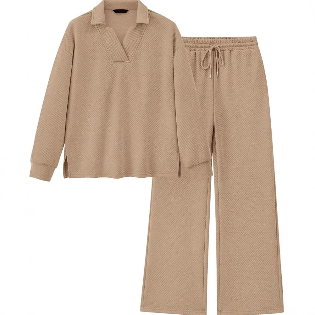 Mireya™ | Women's Lapel V Neck Textured Lounge Sets Two piece set