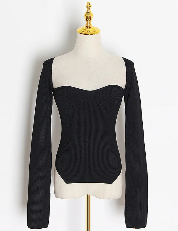 Anthea™ | Square Collar Knitted Sweater Black Sweaters
