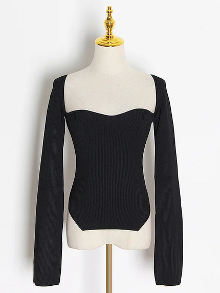 Anthea™ | Square Collar Knitted Sweater Black Sweaters