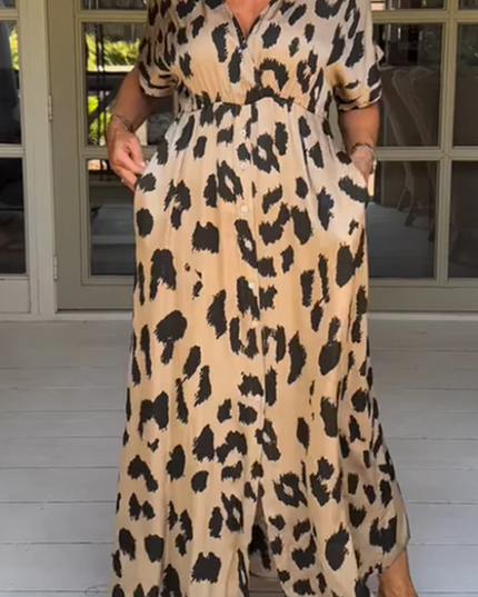 Ciara™ - Elegant dress with leopard print Khaki Dresses