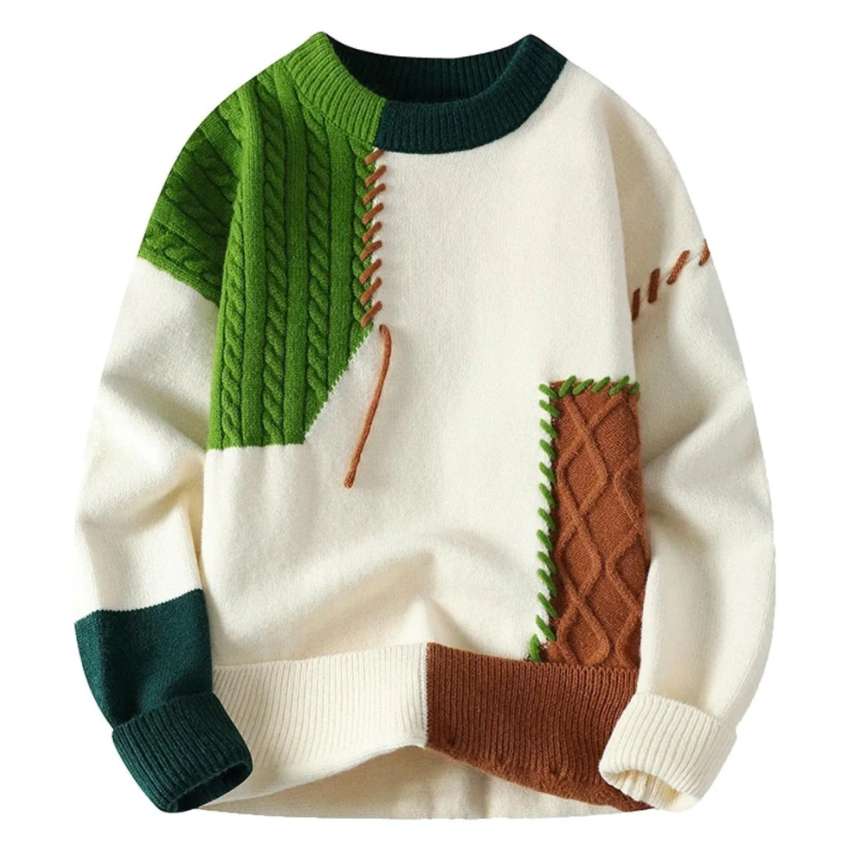 Patchwork Pullover Sweater Dark Green Patchwork Pullover Sweater