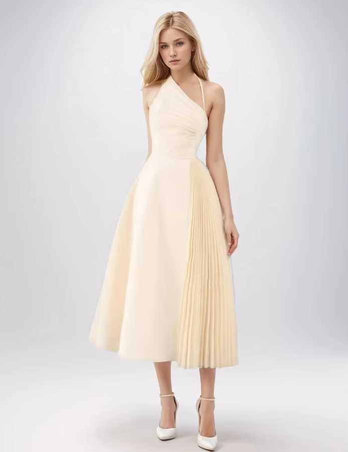 Daphne™ | White Oblique Shoulder Sling Pleated Dress Dresses