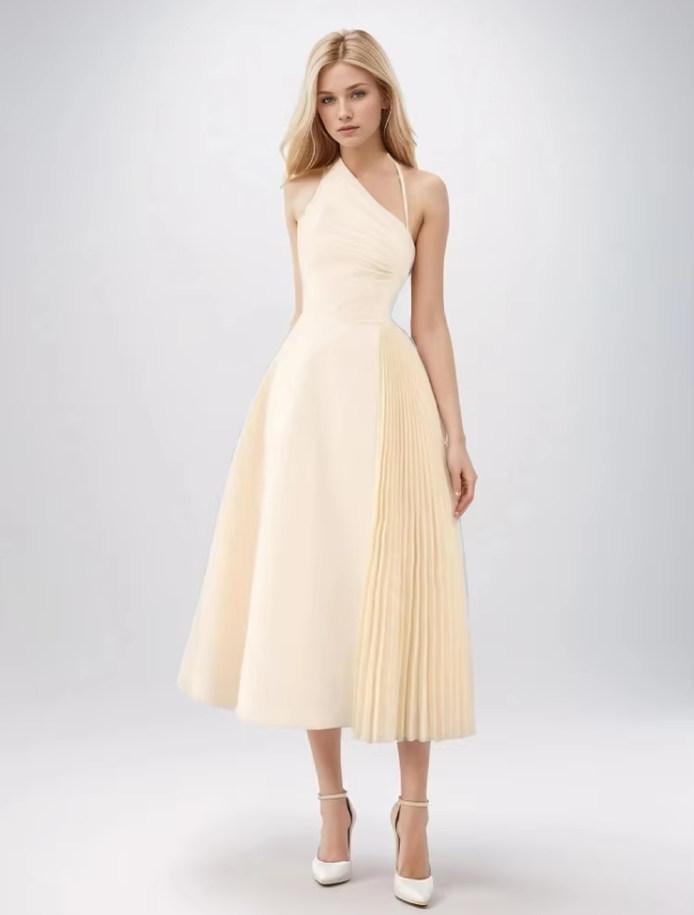 Daphne™ | White Oblique Shoulder Sling Pleated Dress Dresses