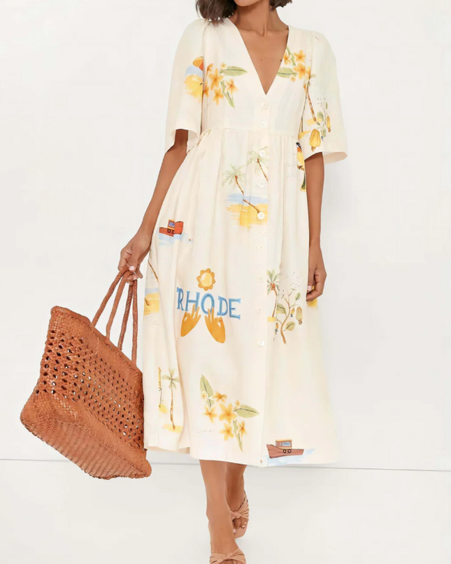 Alina™ | Printed Puff Sleeve Sun-Protective Midi Dress Dress