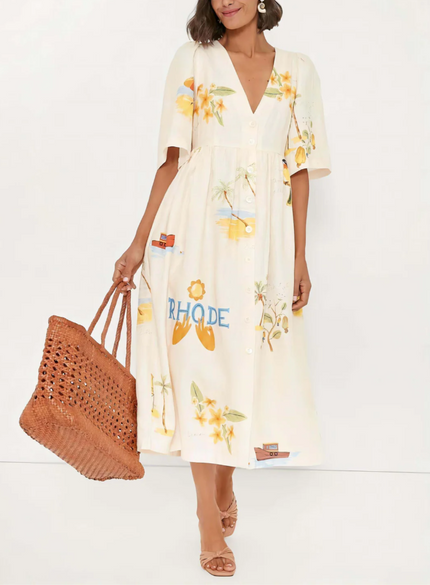 Alina™ | Printed Puff Sleeve Sun-Protective Midi Dress Dresses