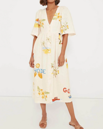 Alina™ | Printed Puff Sleeve Sun-Protective Midi Dress Dresses