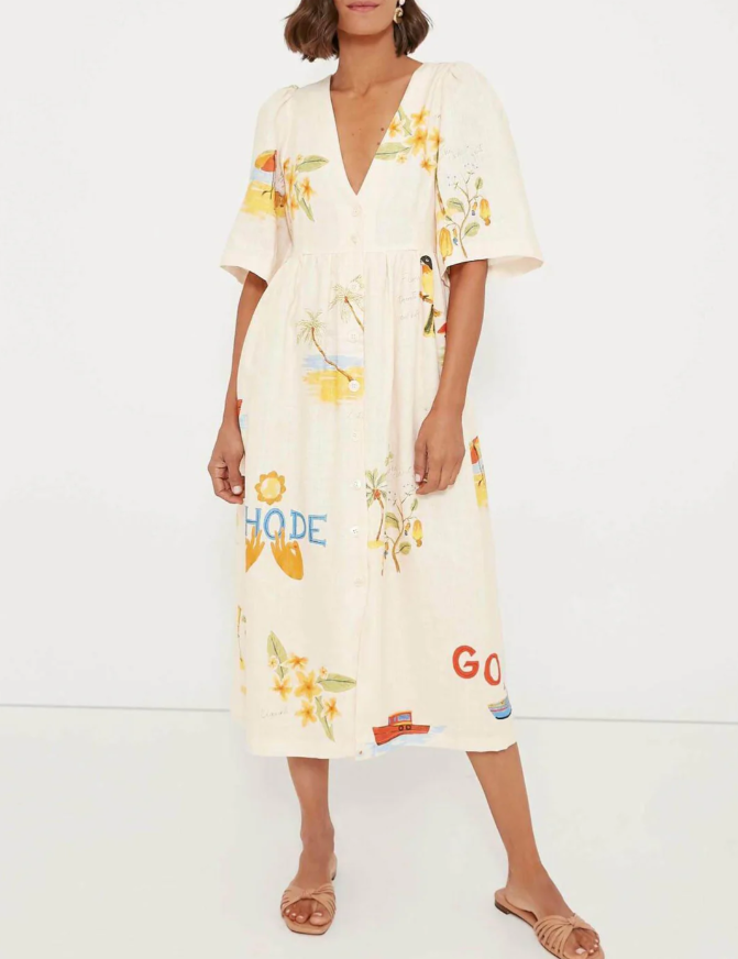 Alina™ | Printed Puff Sleeve Sun-Protective Midi Dress Dresses