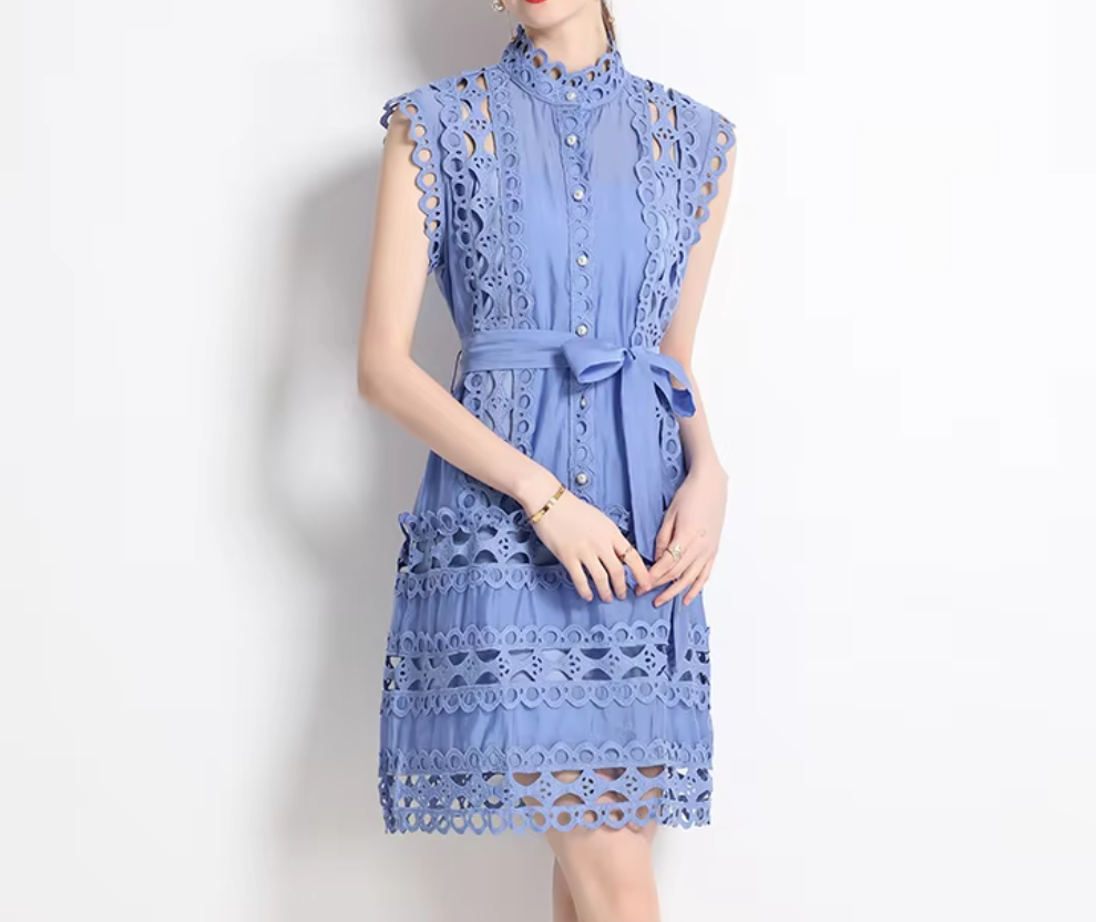 Emery™ | Blue Capri Mini Broderie Lace Dress L Dresses