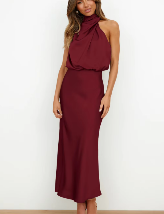 Imelda Satin Halter Evening Dress Wine red Dress