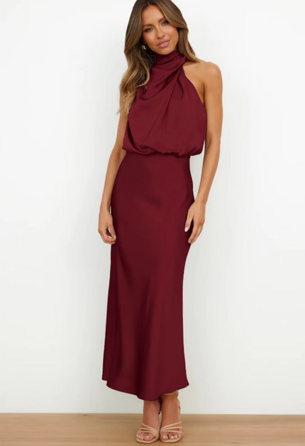 Imelda™ | Long Satin Dress with Halter Neckline Wine red Dress