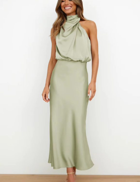 Imelda Satin Halter Evening Dress Light Green Dress