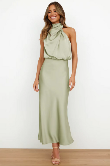 Imelda™ | Long Satin Dress with Halter Neckline Light Green Dress