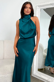 Imelda Satin Halter Evening Dress Lake blue Dress