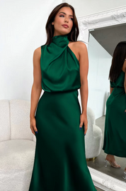 Imelda Satin Halter Evening Dress Dark Green Dress