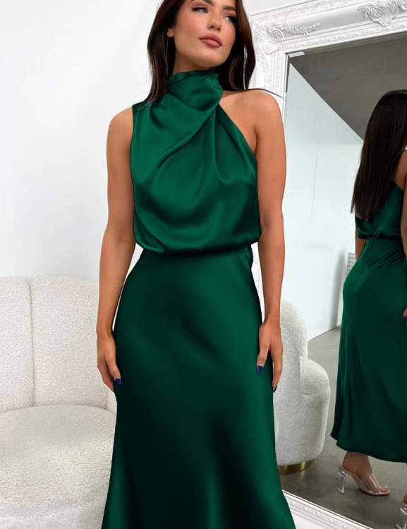 Imelda Satin Halter Evening Dress Dark Green Dress