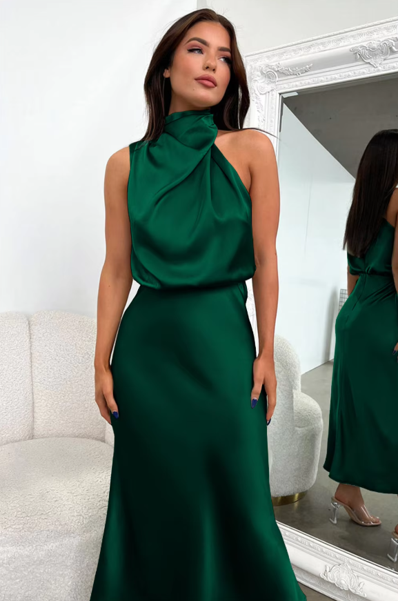 Imelda Satin Halter Evening Dress Dark Green Dress