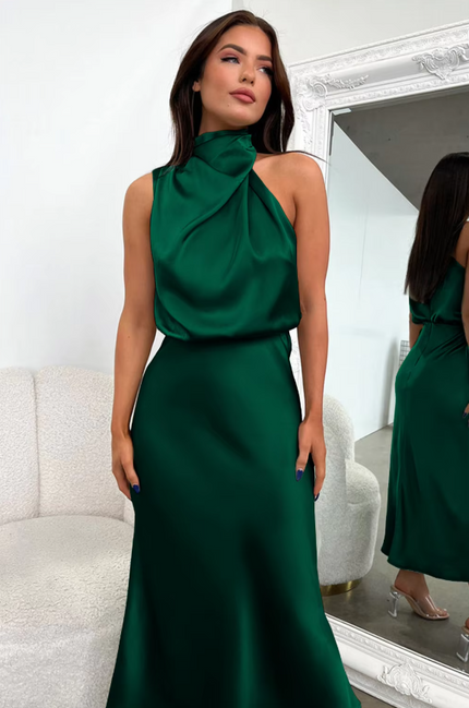 Imelda™ | Long Satin Dress with Halter Neckline Dark Green Dress